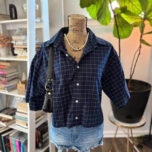 Navy Checkered Cropped Short Sleeve Button-Up – Y2K Style (Women’s)